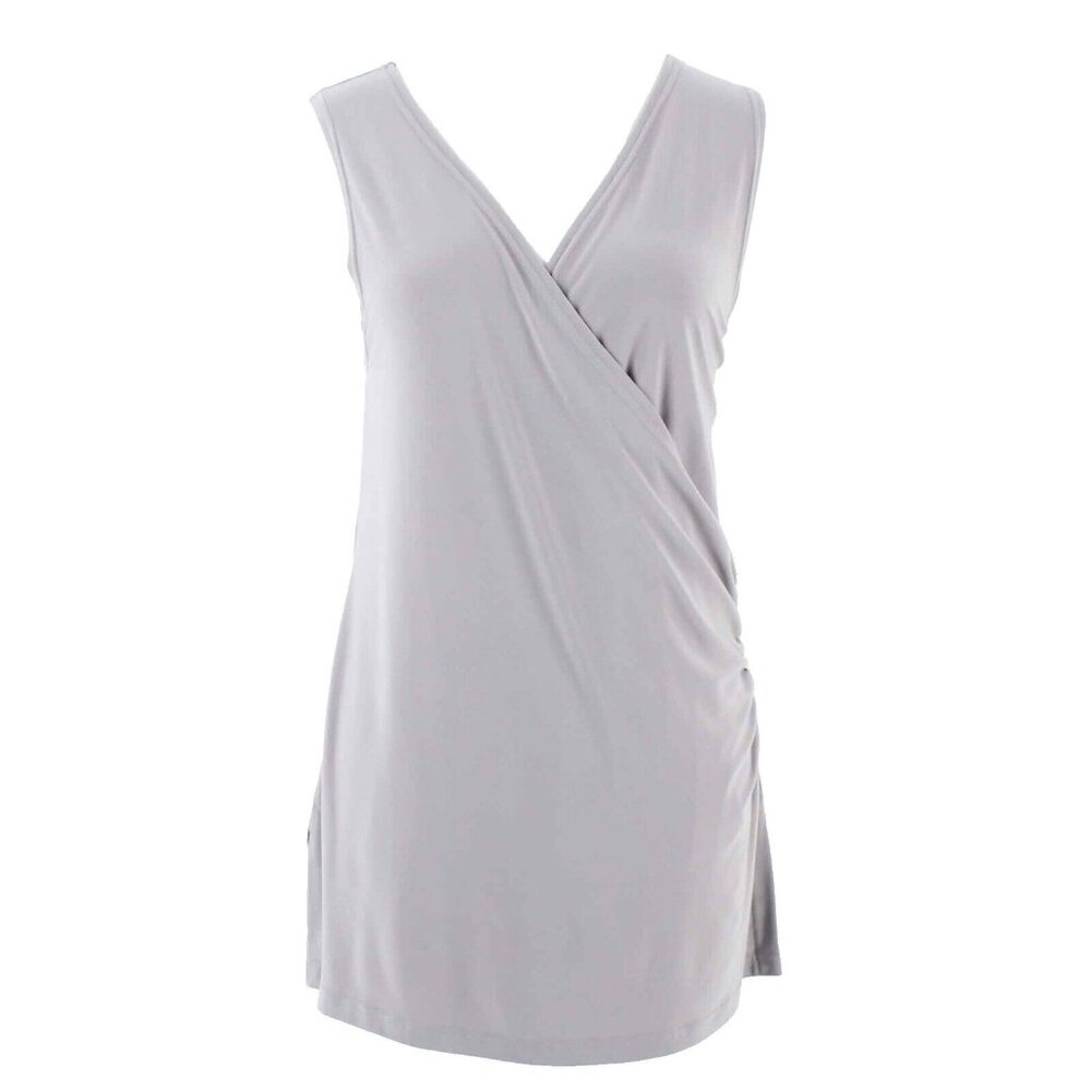 Simpli The Best Sz 8 Taupe Split Side Rouch Faux Wrap Poly Blend Knit Top